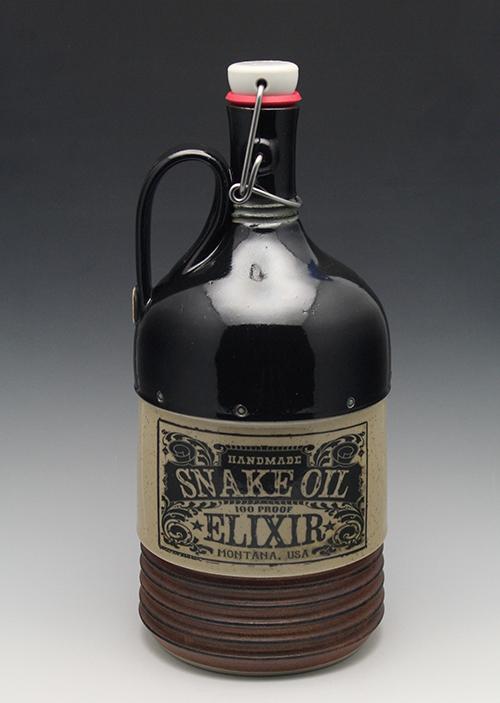 Stoneware growler with a fired ceramic decal label