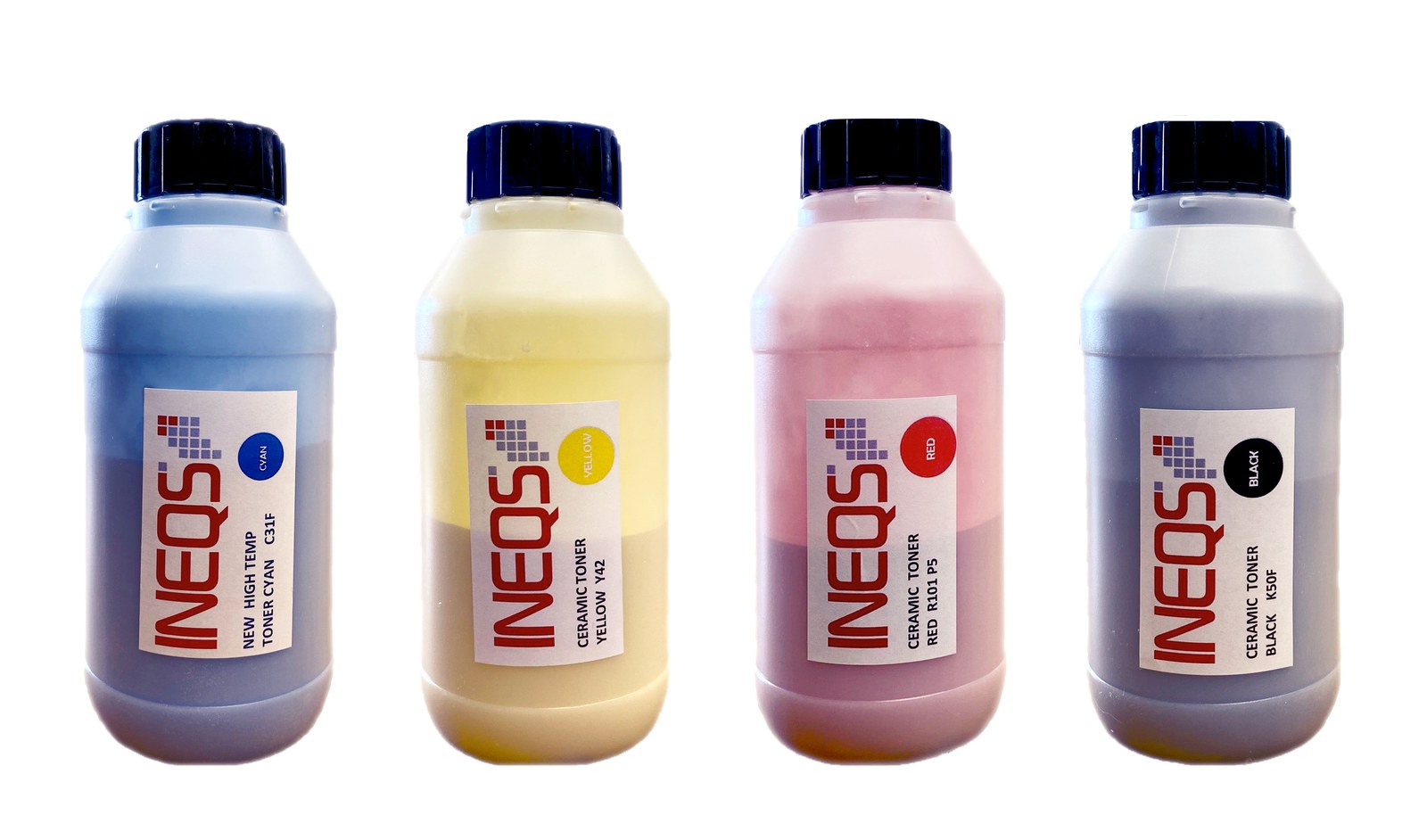 Four ceramic toner bottles, cyan, yellow, red and black, the unfluxed red set