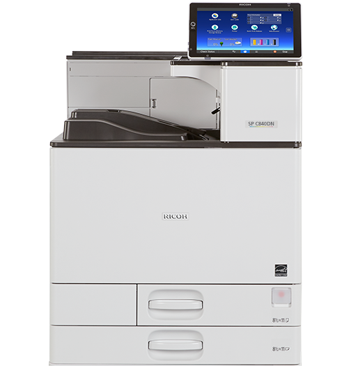 Ricoh SP C840DN colour laser printer with touchscreen panel, front view